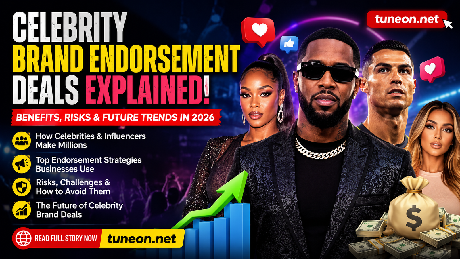 Celebrity Brand Endorsement Deals in 2026 featuring influencers, musicians, athletes, and digital marketing trends with tuneon.net branding