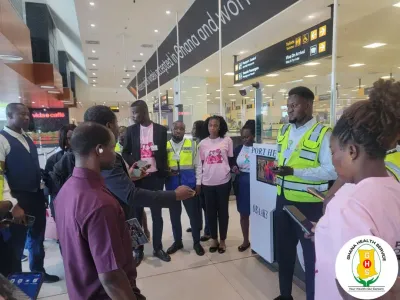 Ghana Health Service Port Health staff at Accra International Airport during electronic health declaration training.